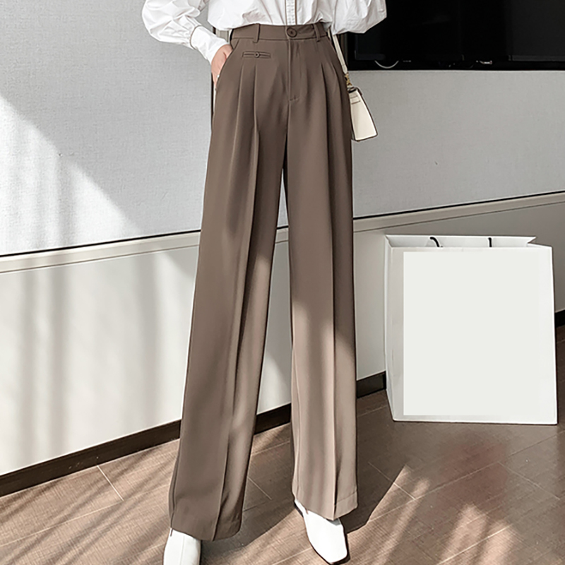 Spring Autumn Button Casual Suit Ladies Loose Straight High Waist Wide Leg Trousers Solid Soft Pants B11322P 210416