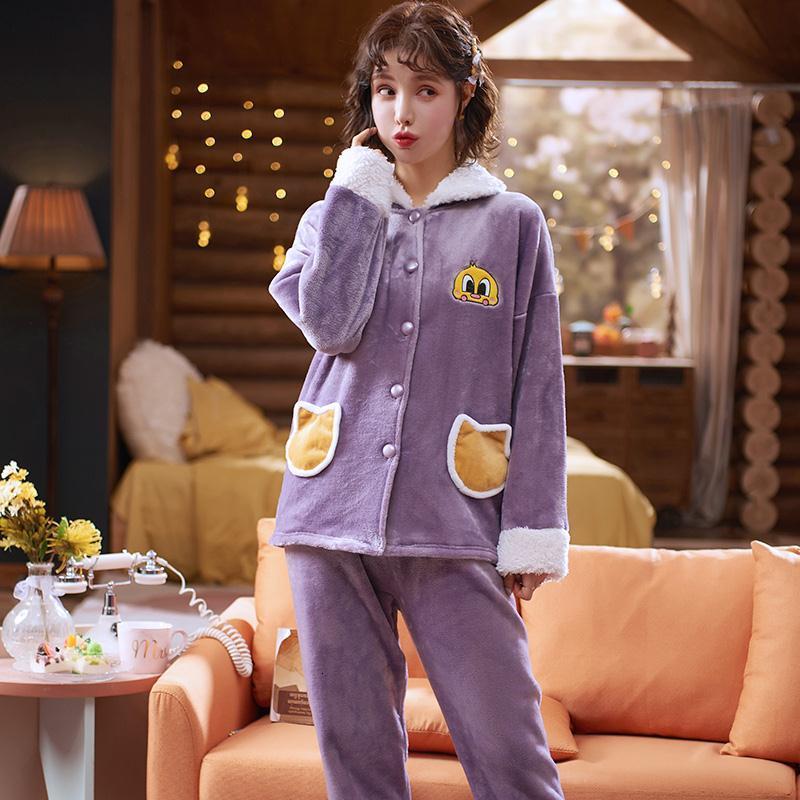 Femme de sommeil femme sexy violet sucré pyjamas flanelle hiver set femme pyjama bouton pyjama chemise chemise pant épais épais pys chauds acyv a