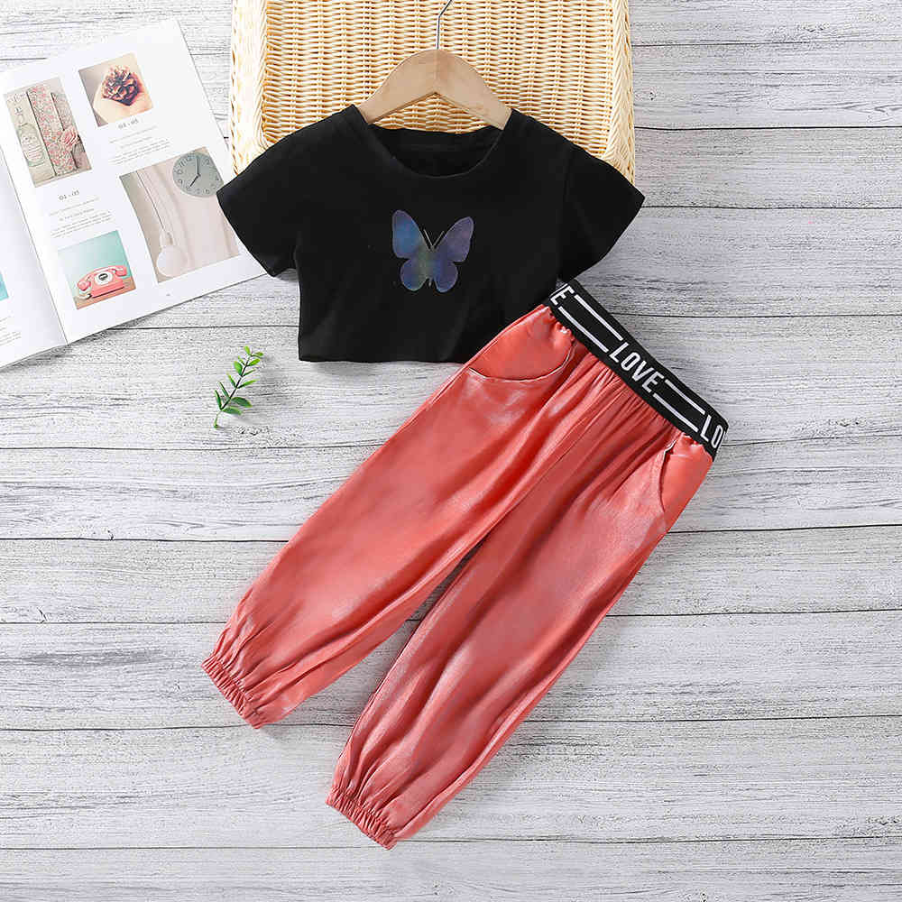 Kids Clothing Summer Girls Fashion Butterfly Short-sleeve T-shirt + Trousers Two-piece Casual Sports Children's Clothes Set 210515