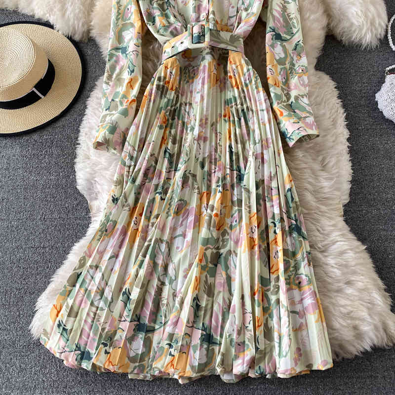 LoveFlowerLife Spring Autumn Casual Floral Print Dress A Line Turn Down Collar Full High Waist Mid Calf Women Dresses 210521