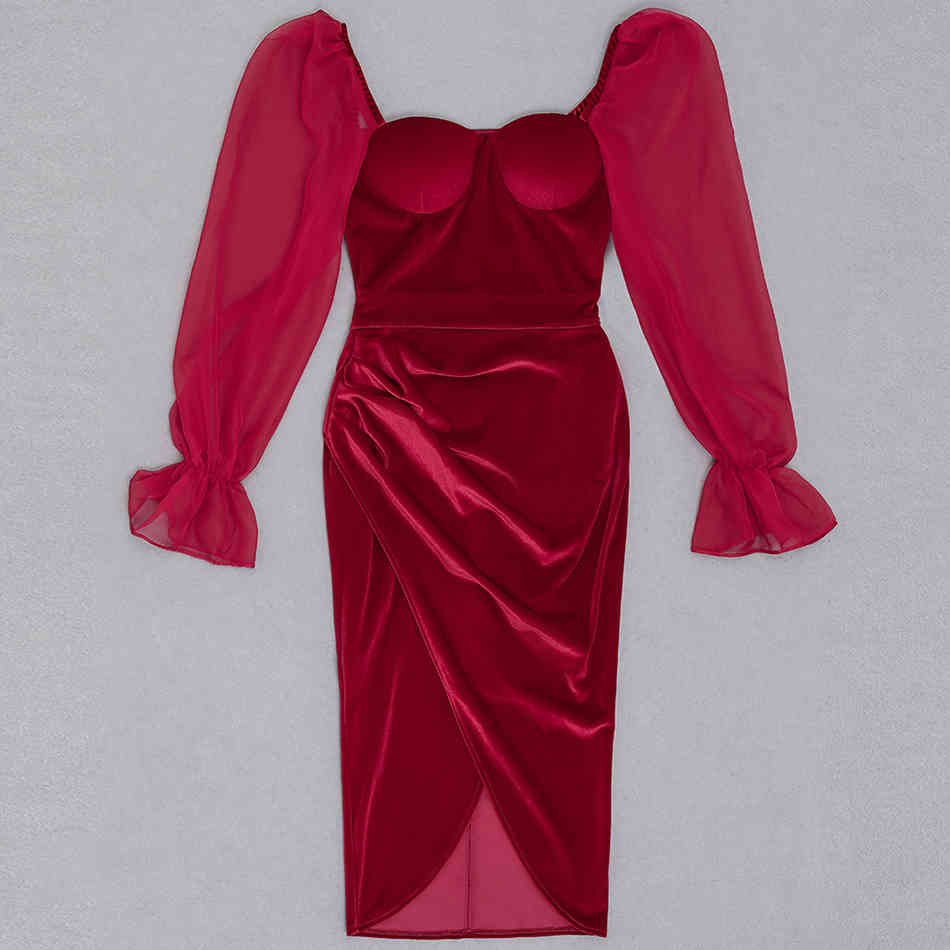 Free Spring Women's Burgundy Velvet Dress Sexy Lantern Sleeve Bodycon Draped Club Party Midi Vestidos 210524