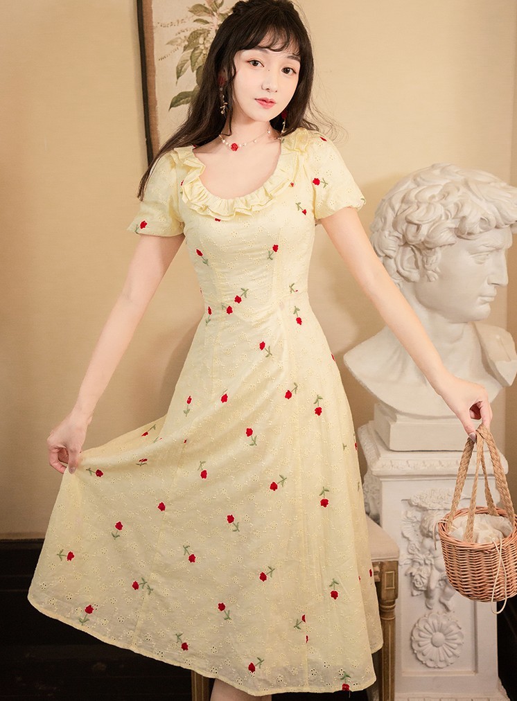 Summer Women Sweet Floral Embroidery Hollow Out Midi Dress Vintage Elegant Ruffles O-Neck Cotton Slim Party Vestidos 210519