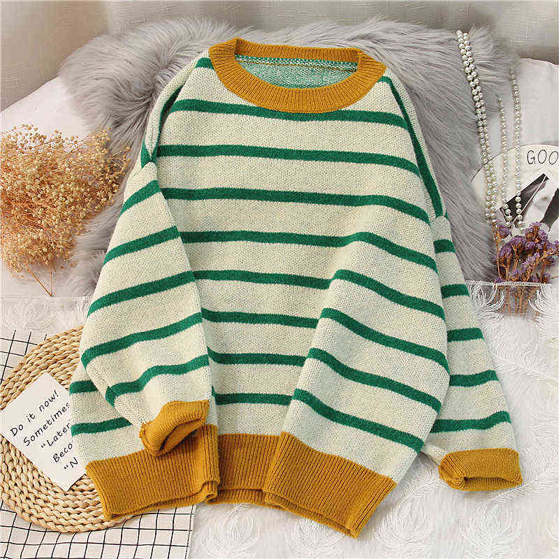 EBAIHUI Striped Sweater Women Casual Loose Pullover O-neck All-match Knitted Top Jumper Fall Long Sleeve Chic Knit Sweaters 211109