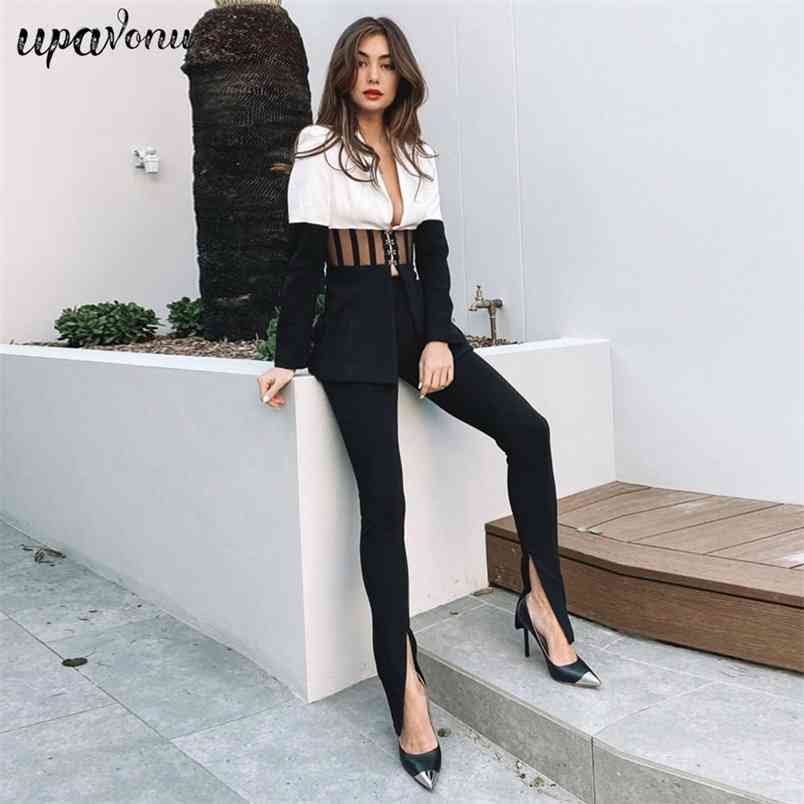 Free Chic Color Block Two Piece Set Striped Voile Splicing Sexy Deep V Neck Club Party Blazer&Pants Suit 210524