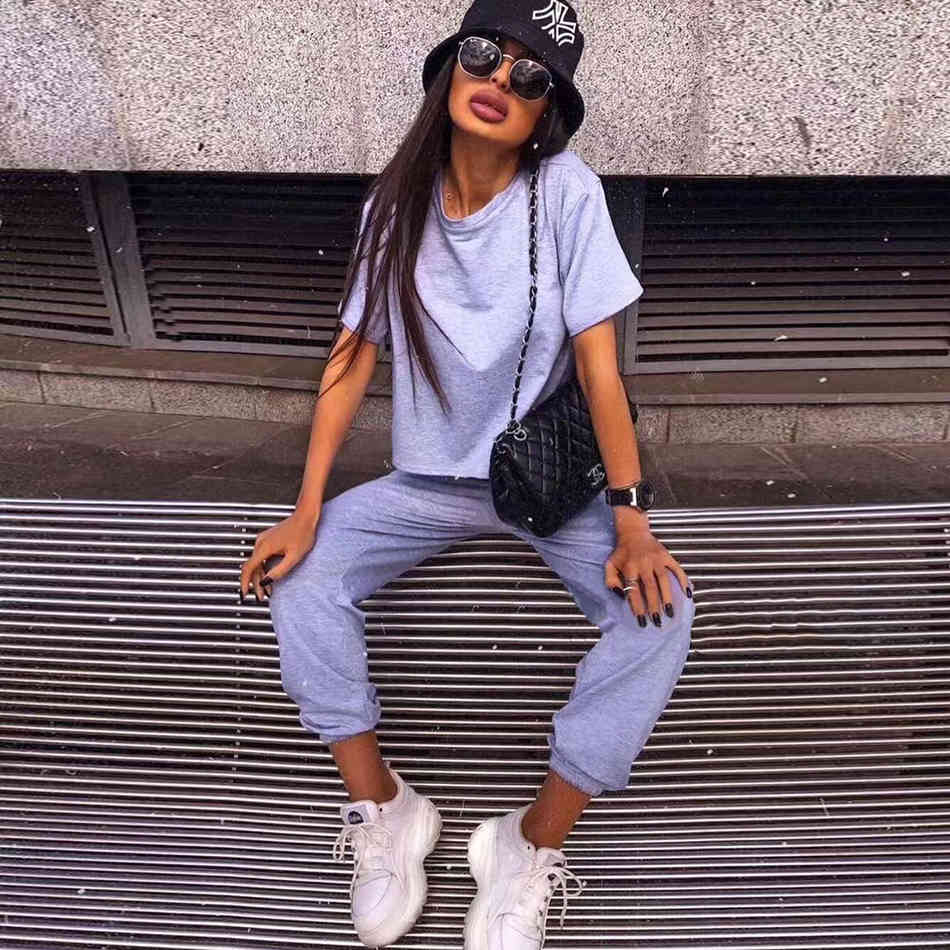 Free Women Summer Sports Pants Suit Casual Short Sleeve Loose Pullover T-shirt & Elastic Two-piece Harem Set 210524