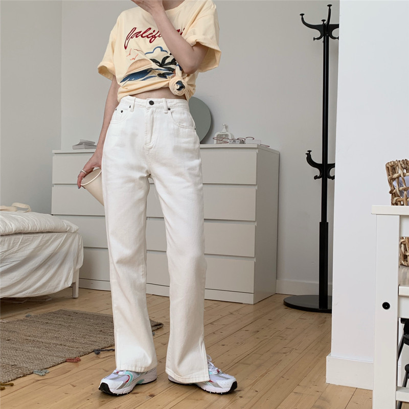 SML summer korean style loose women long White denim pants high waist Side Split jeans for womens (N0077) 210423
