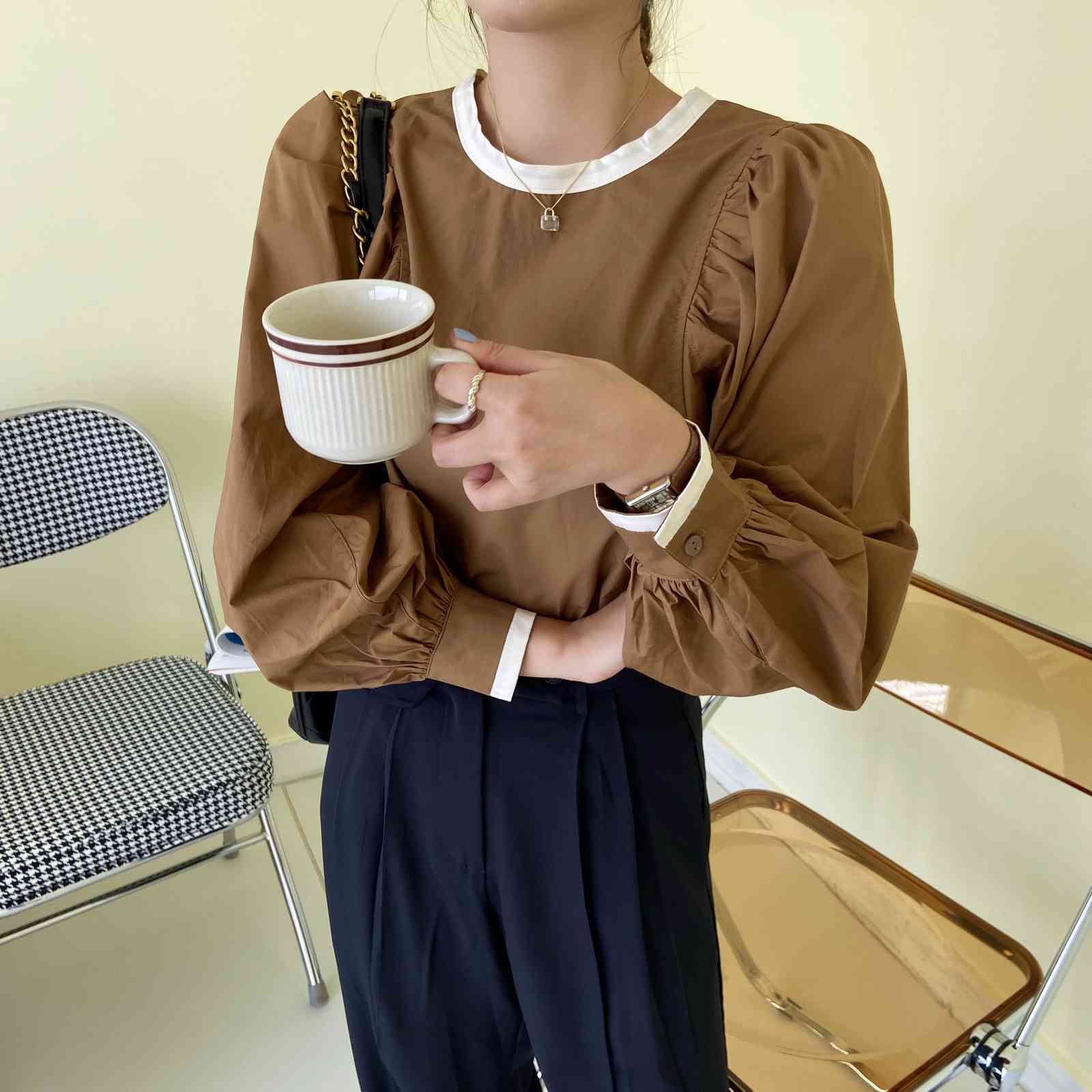 Nomikuma Autumn Women Blouse Causal Hit Color Patchwork O-neck Blusas Femme Korean Puff Long Sleeve Pullover Shirt 6D064 210427