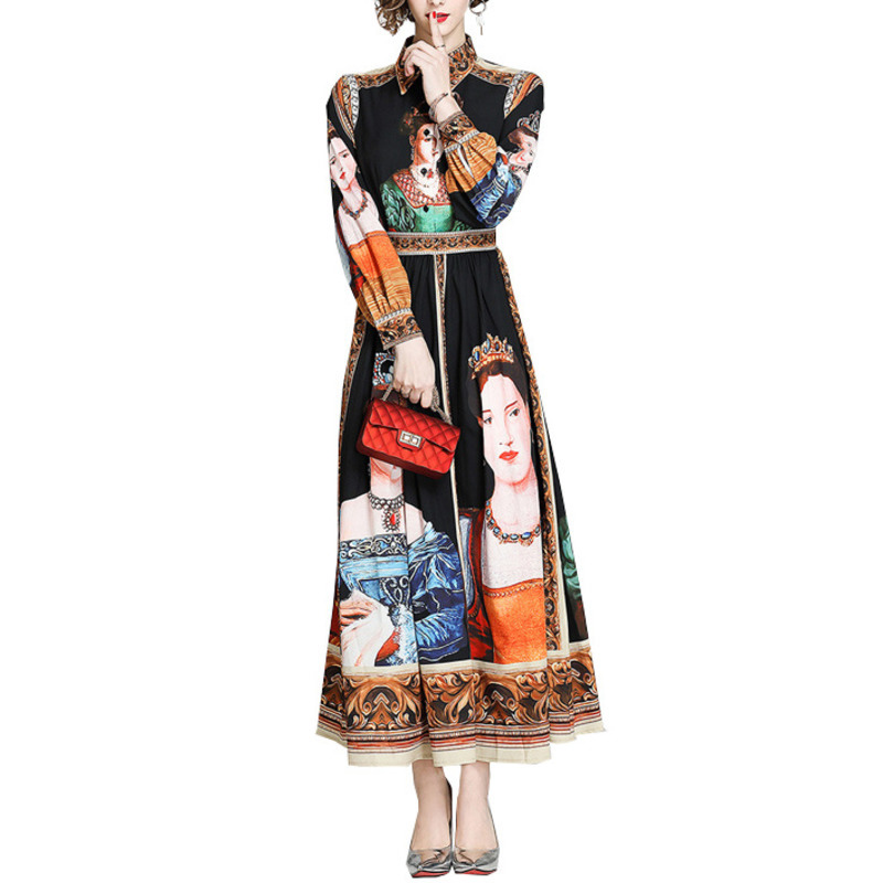 Summer Printing Temperament Long Sleeve Lapel Shirt Dress Slim High Waist Vintage Women Dresses 2H177 210526