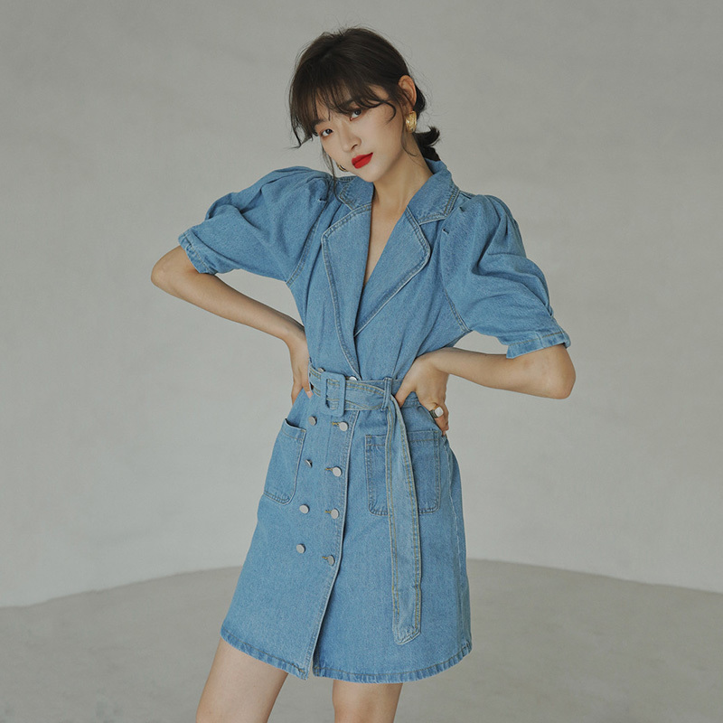 Women Short Sleeve Lapel High Waist Denim Dress With Belt Casual Fashion Summer Arrivals 2H037 210526