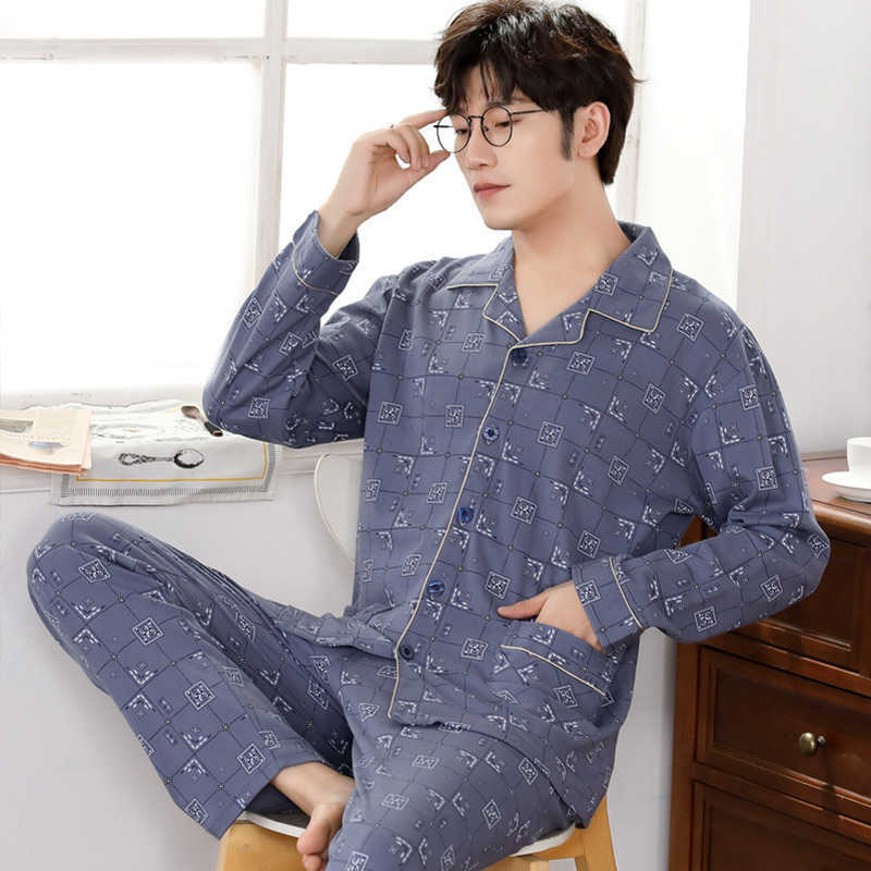 Winter 100% Cotton Pajamas For Men Blue Sleepwear Fashion Warm Pyjama Homme Cotton Pijamas Hombre Invierno Cotton Plaid Pyjamas 210812