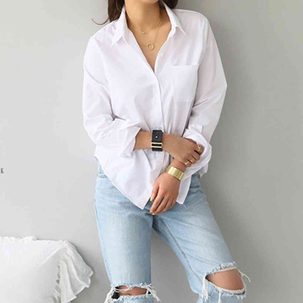 Women Casual White Long Sleeve Turn Down Collar Shirt Office Lady Elegant Single Breasted Pocket Shirts Loose Tops 210428