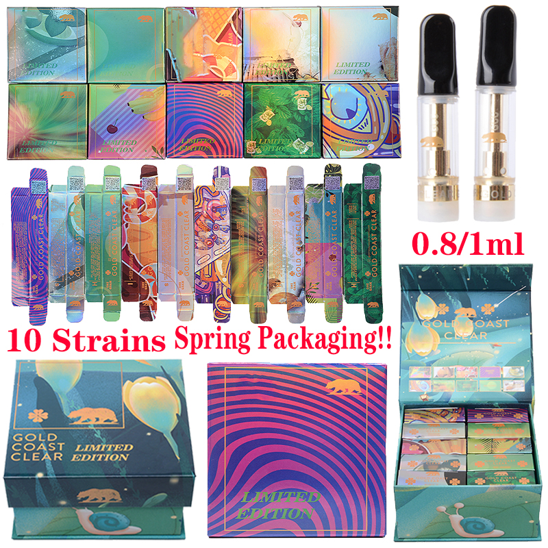 Spring GOLD COAST CLEAR Atomizer 0.8ml 1ml Empty 10 Strains Glass Tank Thick Oil Cartridges Vape Cartridge New Packaging Ceramic Carts 510 Thread Dab Wax Vaporizer
Spring GOLD COAST CLEAR Atomizer 0.8ml 1ml Empty 10 Strains Glass Tank Thick Oil Cartridges Vape Cartridge New Packaging Ceramic Carts 510 Thread Dab Wax Vaporizer