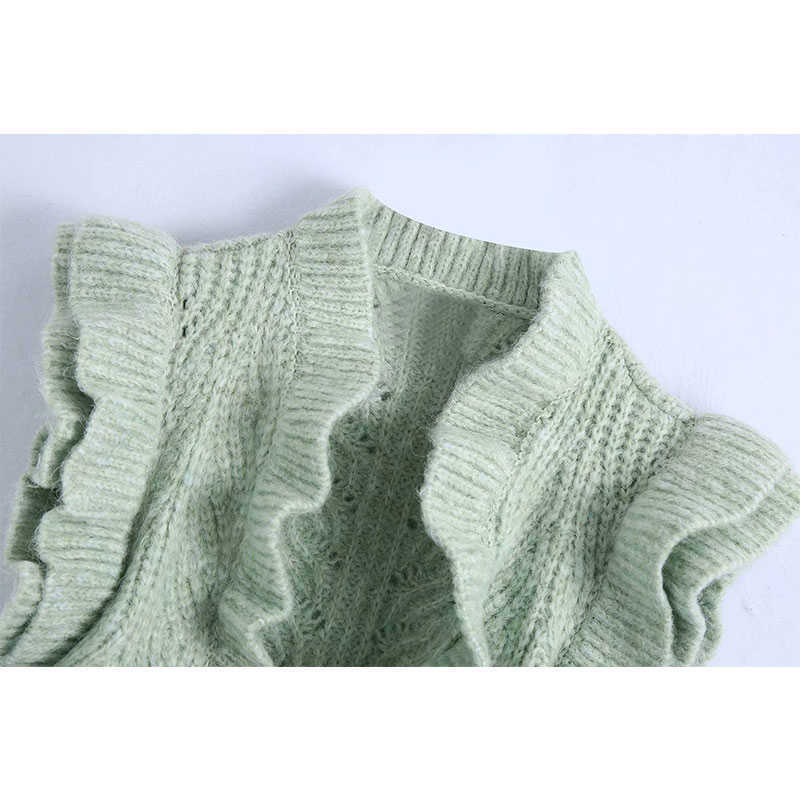 Sweater Women Spring Autumn Fashion Cardigan Solid Stand-up Collar Ruffles Sleeveless Knitted Vest 210628