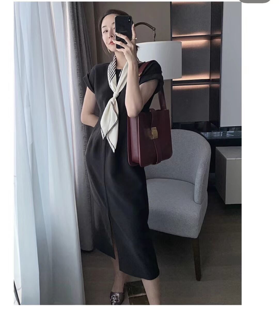 Elegant O-neck Short Sleeve Front Zipper Female Midi Dress Office Ladies Slim Waist Split Women Workwear 210429