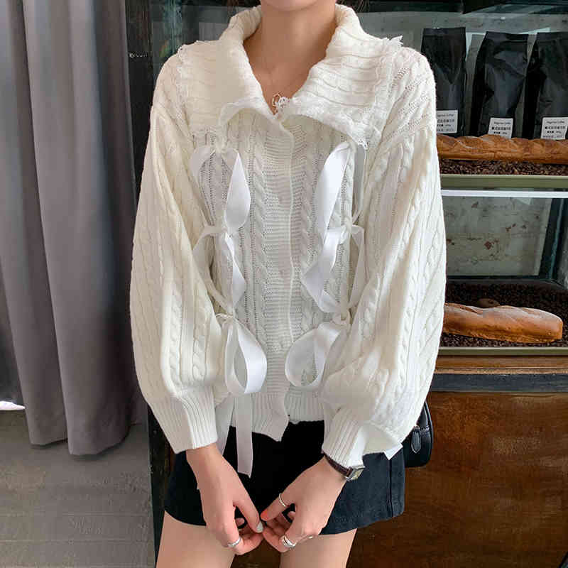 Korean style knitted Sweater Women Outwear autumn and Winter V Neck lace patchwork sweater cardigans womens coat (C9329) 210423