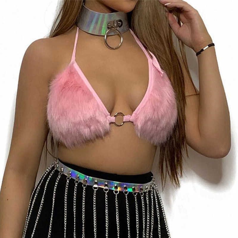 Pink Fluffy Faux Fur Camis Sexy Halter Bra Crop Top Women Backless Bandage Bralette Camisole Autumn Party Top Clubwear 210625