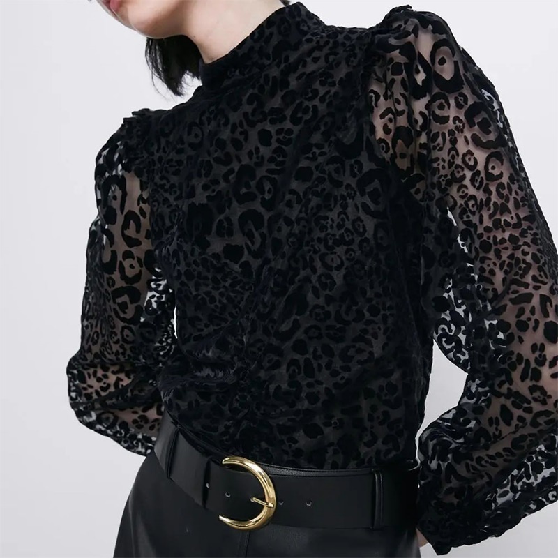 Vintage Loose Spliced Leopard Pattern Blouses Women Fashion Elegant Ladies Buttons Dot Mesh Sleeve Tops 210520