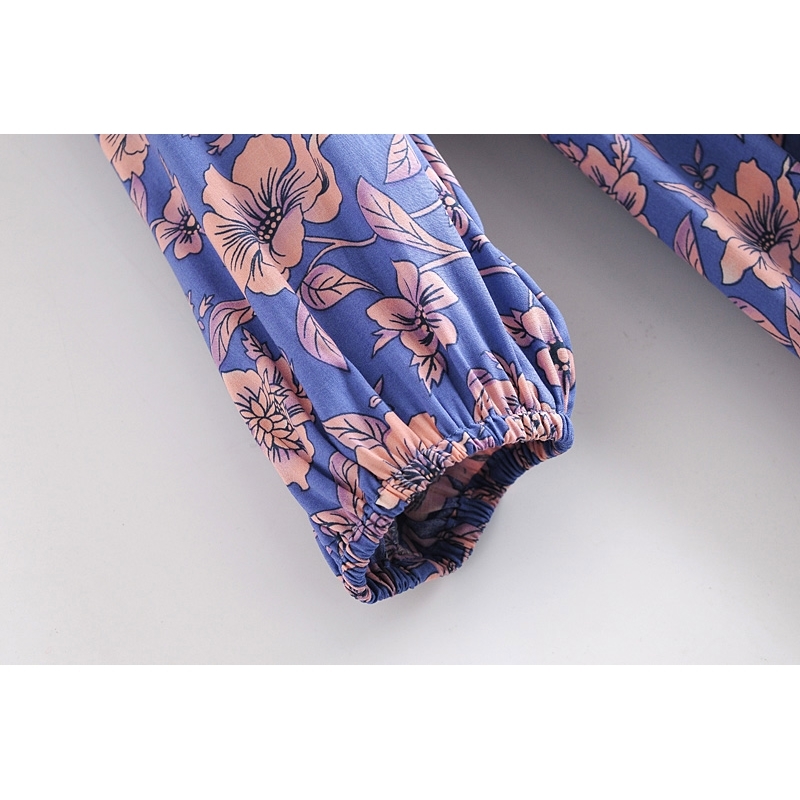 Spring Bohemia Bandage Lacing up Collar Blue Floral Print Dress BOHO Woman Long Sleeve Ankle Length Holiday Dresses Beach 210429