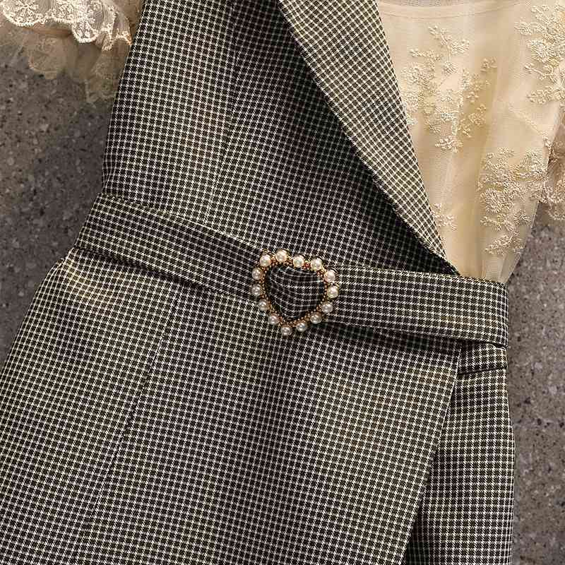 Elegant Women Summer Office OL Party Dress Sweet Lace Splicing Plaid High Waist Slim Mini Vestidos 210519