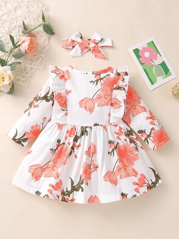 Baby Floral Print Ruffle Trim Dress With Headband SHE