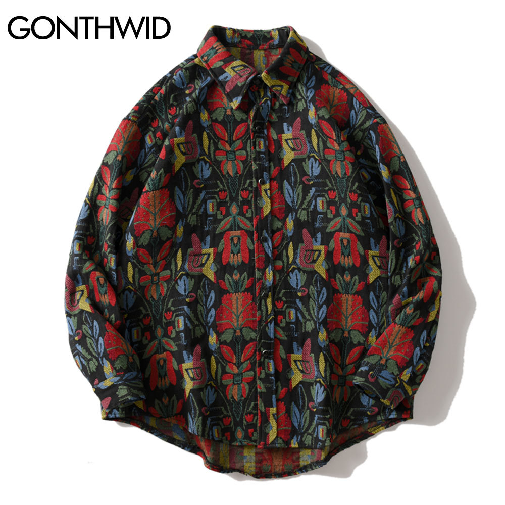 GONTHWID Southwestern Aztec Tribal Indian Button Shirts Streetwear Hip Hop Casual Flowers Patterned Long Sleeve Shirt Coats Tops 210410