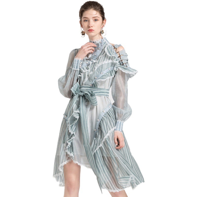 VKBN Dresses Woman Party Night Turtleneck Long Sleeve Blue Striped sexy dress Fashion Shoulder cutout 210507