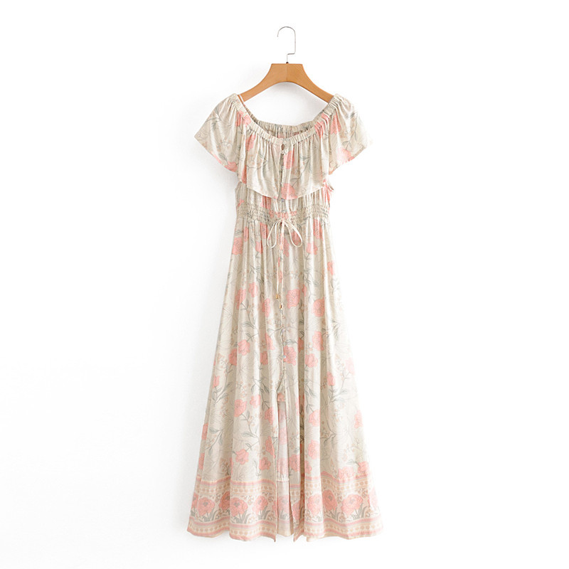 beauty Fashion Women Summer Boho Dress Sweet Printed Word Shoulder Waist Ruffle Long Woman 210514
