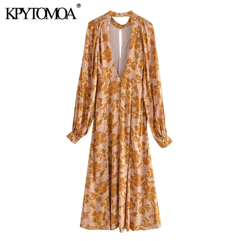 Women Chic Fashion Floral Print Pleated Midi Dress Backless Zipper With Lining Female Dresses Vestidos 210420