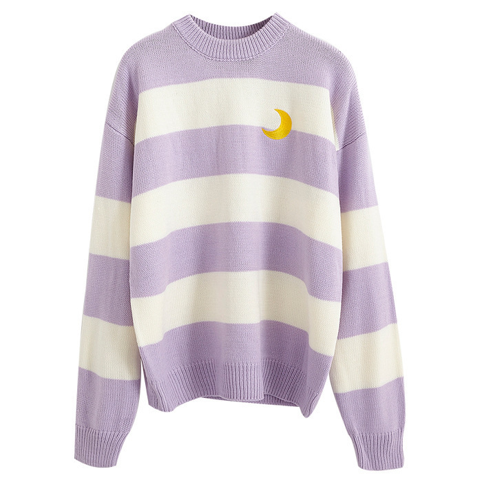 Kawaii Women's Sweaters Candy Color Stripes Moon Embroidery Sweater Sweet pink kntted sweater women winter clothes 210521