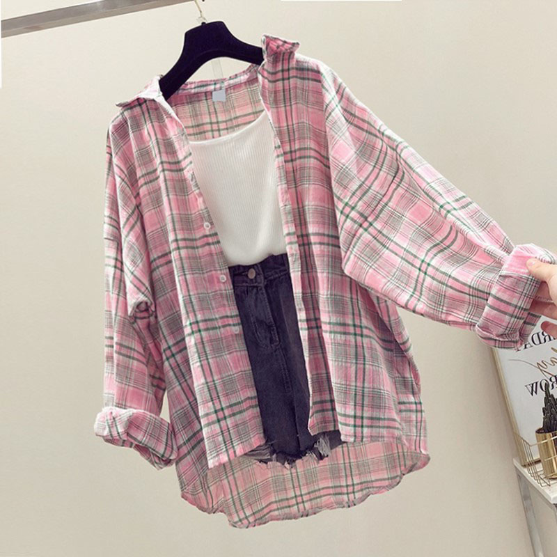 Design Fashion Plaid Women Tops and Blouses Female Casual Matching Color Long Sleeve Button Loose Plaid Shirt Top blusas mujer d
