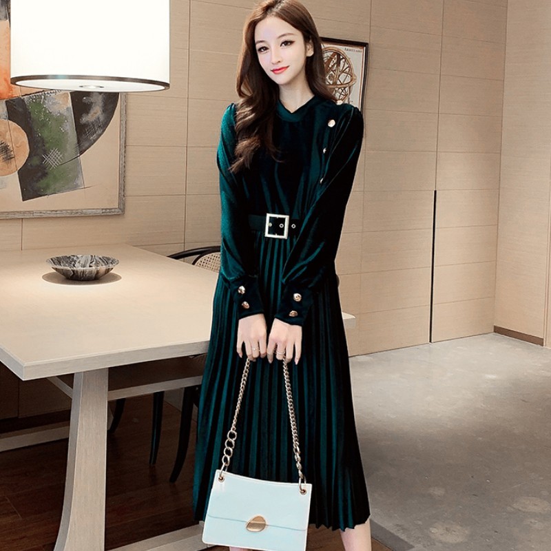 Autumn winter dress women vintage long-sleeved pleated velvet ladies elegant slim A-Line party female belt 210519