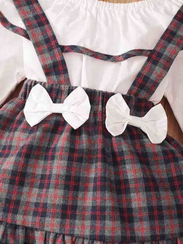 Baby Contrast Binding Bodysuit & Plaid Print Bow Front Ruffle Hem Suspender Skirt SHE