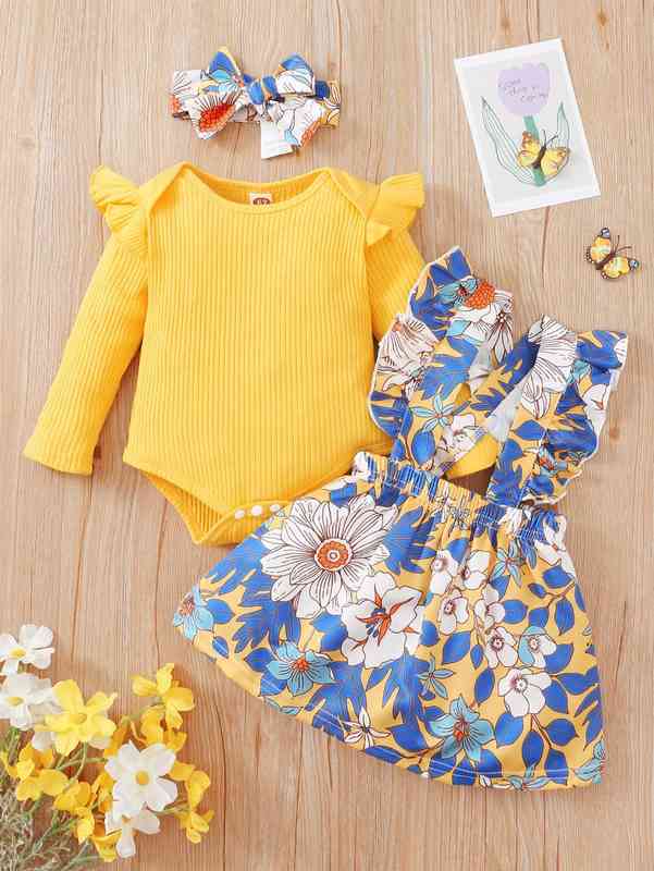 Baby Ruffle Trim Bodysuit & Suspender Skirt & Headband SHE