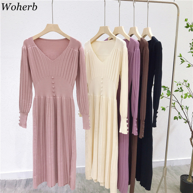 Vintage Pleated Dress Women Fall Clothes Long Robe V-neck Slim Knitted Sweater Dresses High Waist Elegant Woman Vestidos 210519