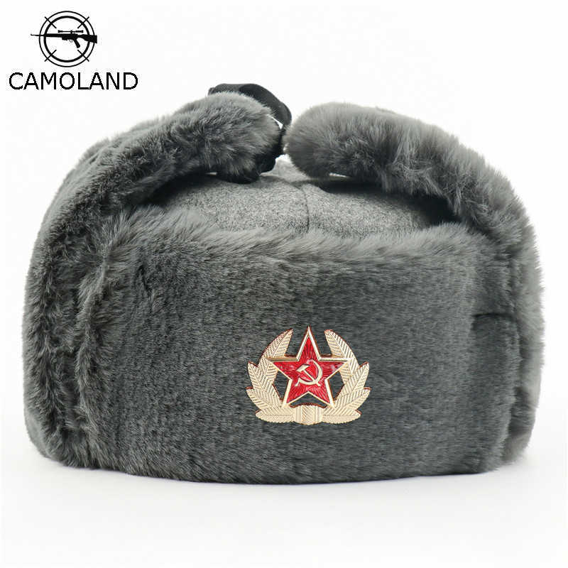

Soviet Army Military Badge Russia Ushanka Bomber Hats Pilot Trapper trooper Hat Winter Faux Rabbit Fur Earflap Men Snow Caps H0818, Bk national emblem