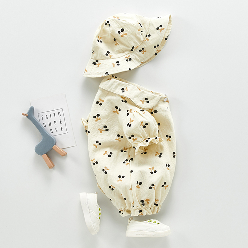 Boys Girls Rompers Korean Style Baby Clothing Set Cherry 2 pieces Bodysuits Single Breast Shirt and Hat 210429