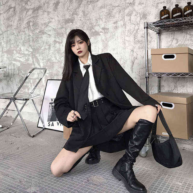 Korean Black Suit Blazers Outerwear Long Sleeve Women Double Breasted Thin Coat Casual Office Spring Clothes 211122