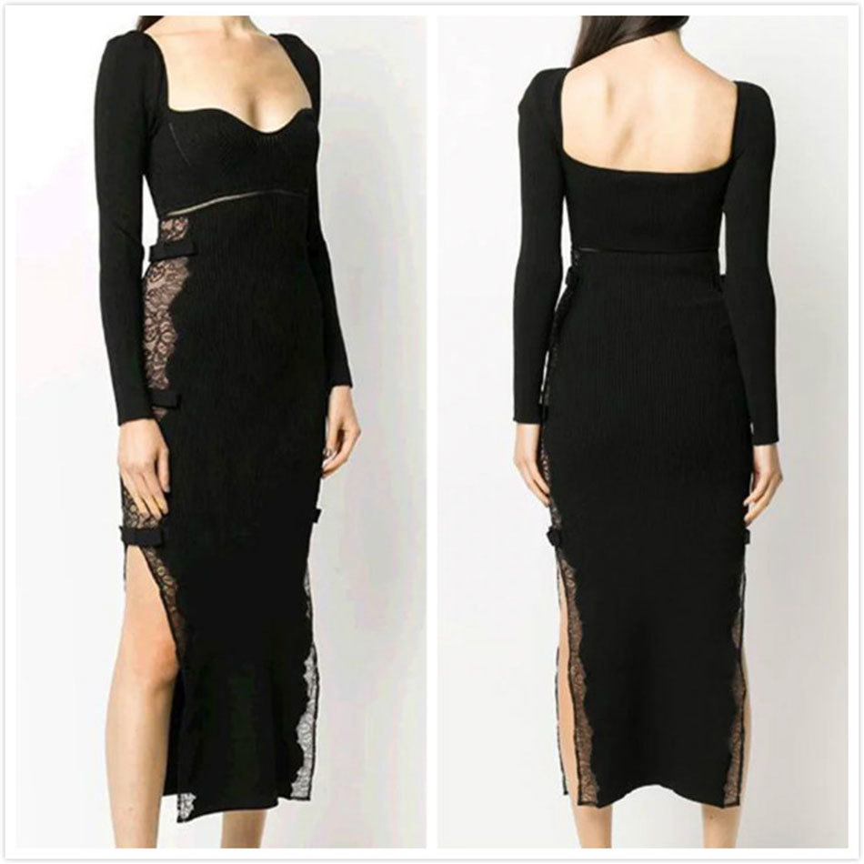 Free Autumn Women Midi Dress Sexy Lace Stitching Split Long Sleeve Bodycon Knit Club Party Vestido 210524