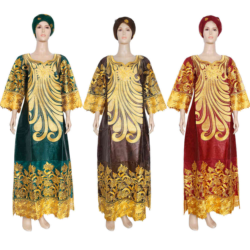 H&D Bazin Riche Dashiki Dress Women Embroidery Flowers Lace Dresses Boubou African Dress Headtie Two Piece Set Wedding Clothes 210408