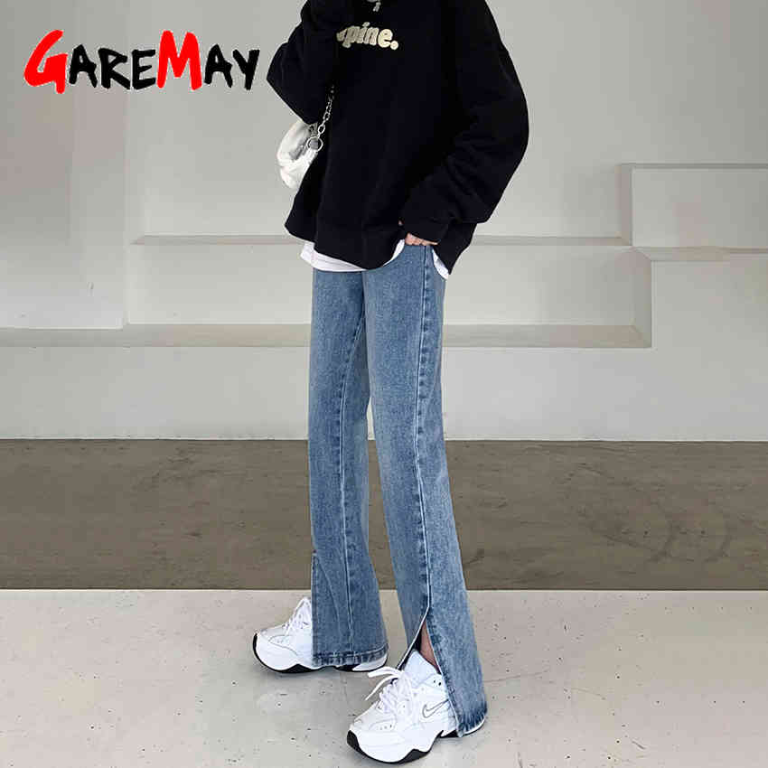 Straight Leg White Jeans Women Loose High Waist Mom Front Side Slit Denim Pants Vintage Stacked 210428