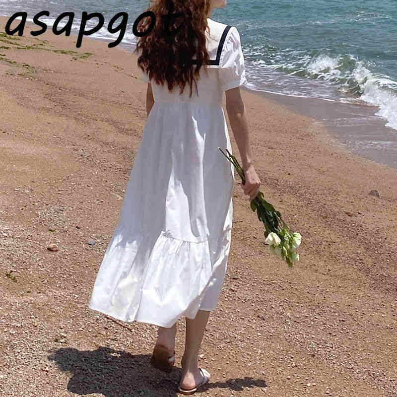 Summer Big Swing White Contrast Color Puff Short Sleeve Ruffles Sailor Collar Dress Women Loose Preppy Style Student Chic Wild 210429