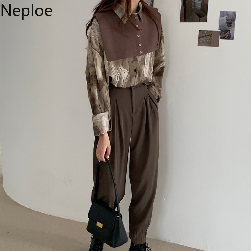 Neploe Temperament Blouses Women Chic Shawl Vintage Print Shirts Fall Clthes Loose Turn-down Collar Long Sleeve Blouse Tops 210422