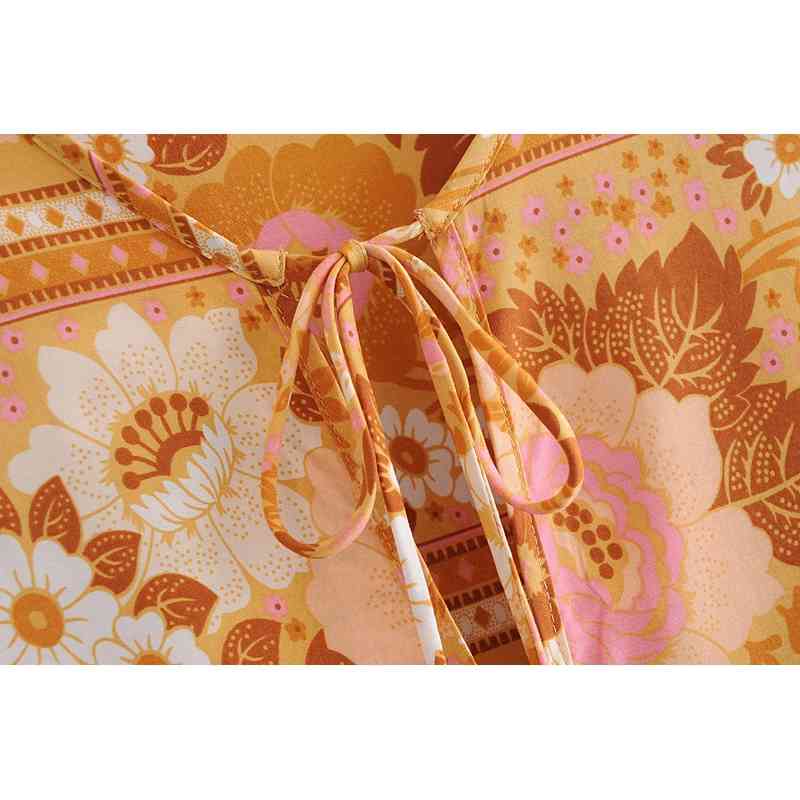 Bohemia Bandage Lacing up Collar Contrast color Flower Print Dress BOHO Woman Long Sleeve Maxi Holiday Dresses Beach 210429