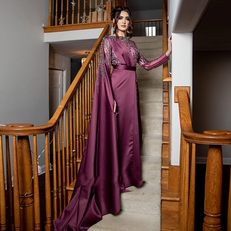 Grape Arabic Evening Dresses with Cape Long Sleeve Luxury Dubai Beaded Crystal lace Muslim kaftan middle east prom dress wear