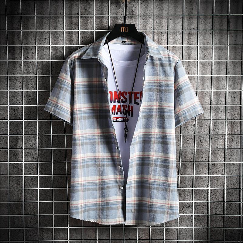 Harajuku Fashion Mens Plaid Shirts Short Sleeve Cotton Striped Male Streetwear Summer Tops Dress Chemise Homme Plus Size Men's Casual