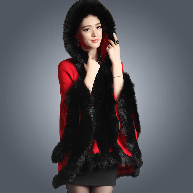 EuropeStyle Fashion Double Fur Coat Cape Hooded Knit Cashmere Cloak Cardigan Outwear Plus Size Women Winter Shawl 1.1kg 210928