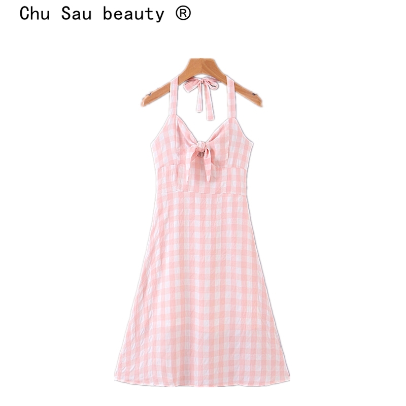 beauty Sweet Chic Pink Plaid Women's Strap Midi Dresses Holiday Style Bow Beachwear Lady's Off Shoulder Party Dress 210514