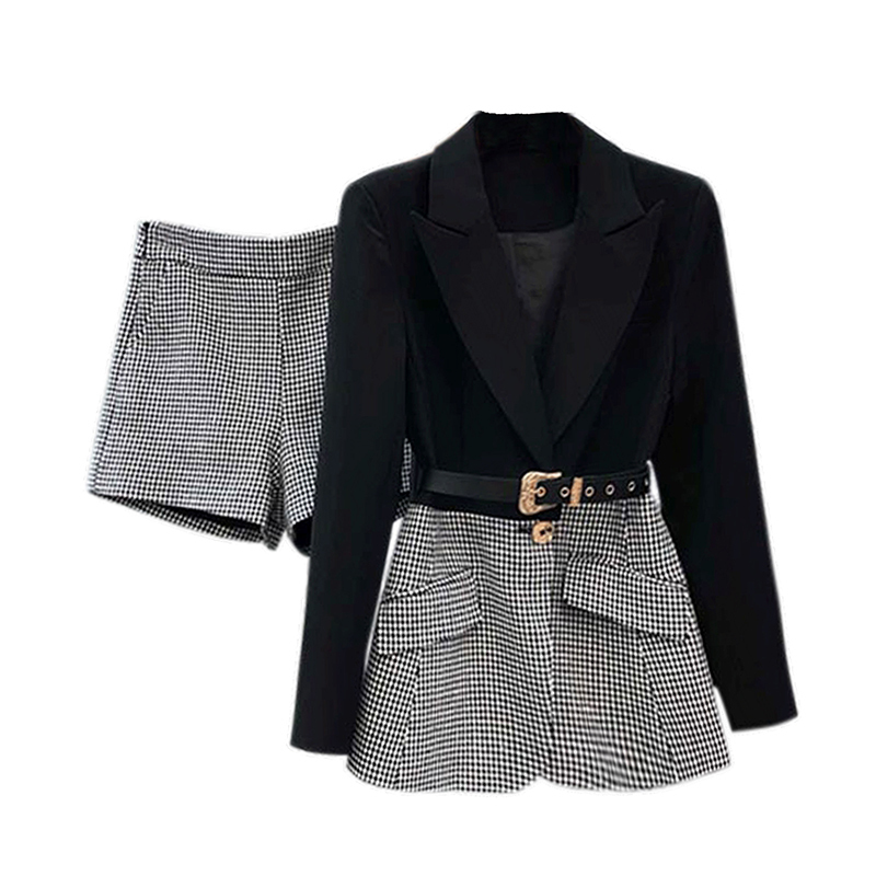 TWOTWINSTYLE Korean Patchwork Plaid Two Piece Set For Women Lapel Long Sleeve Sashes Blazer Wide Leg Shorts Casual Sets Female 220302