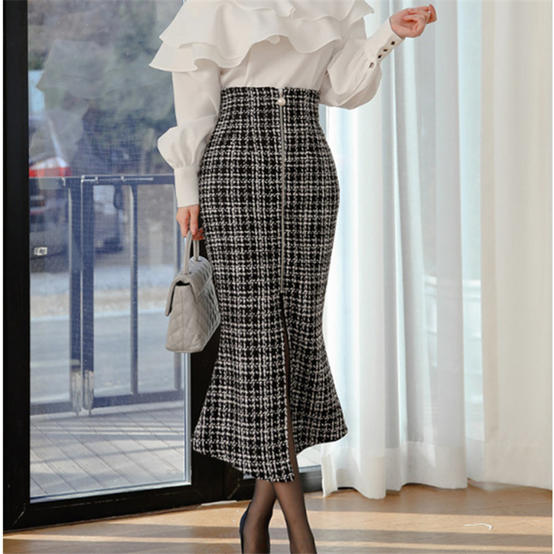 OL Elegance Women Mermaid Houndstooth Sexy Woolen Streetwear High Waist Quality Trumpets Vintage Long Skirts 210421