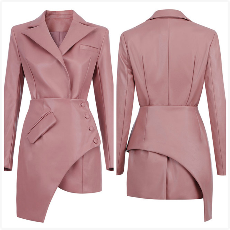 Free Autumn Women's PU Dress Two-piece Sexy Lapel Long Sleeve Girdle Irregular Bodycon Party Vestidos 210524